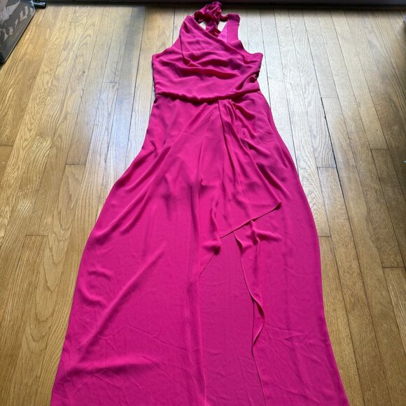 Halston Size 2 Fuchsia Azalea Asymmetric Draped Sleeveless Tie Back Maxi Gown - Picture 11 of 16